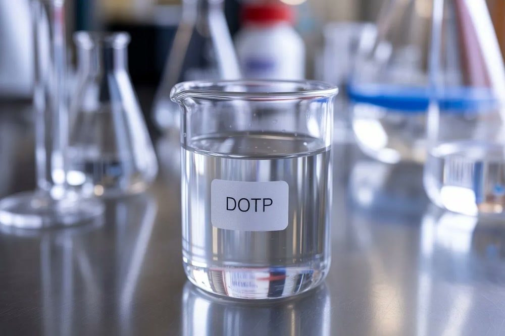 A beaker of clear DOTP plasticizer in a lab