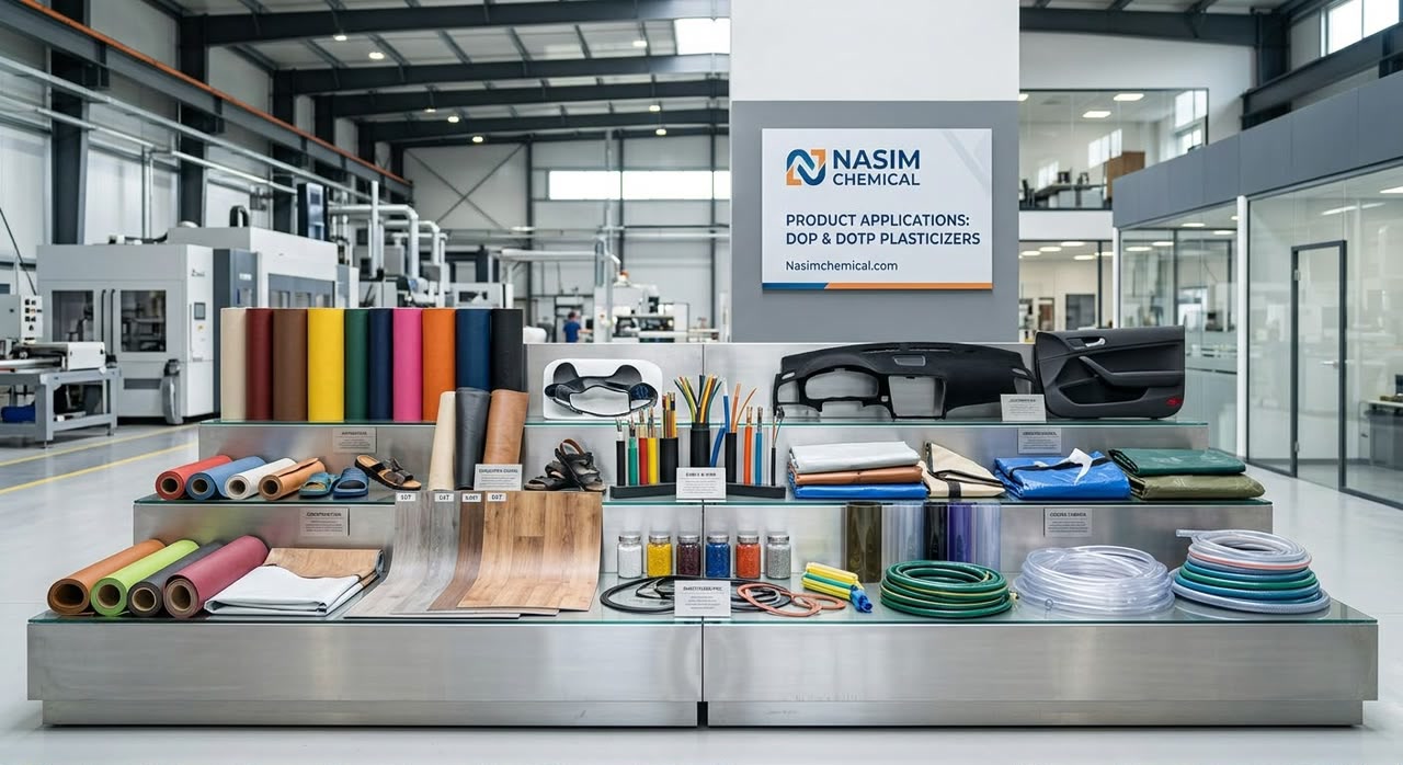 Nasim Chemical display of products made with DOP and DOTP: PVC sheets, artificial leather, footwear, flooring, cables and wires, car dashboards and door panels, tarpaulins, hoses and tubing